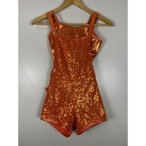 Curtain Call Kids Orange Sequin Dance Costume Leotard Romper Ruffled Child Large